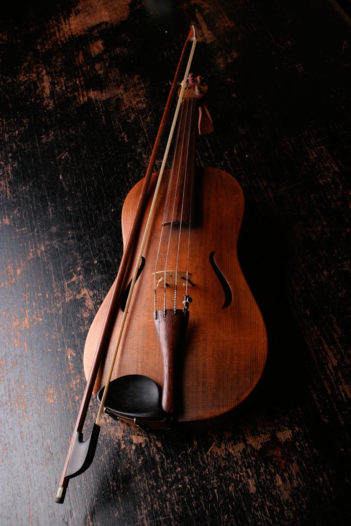 A beautifully crafted violin rests on a dark wooden surface, evoking a classic and artistic mood.